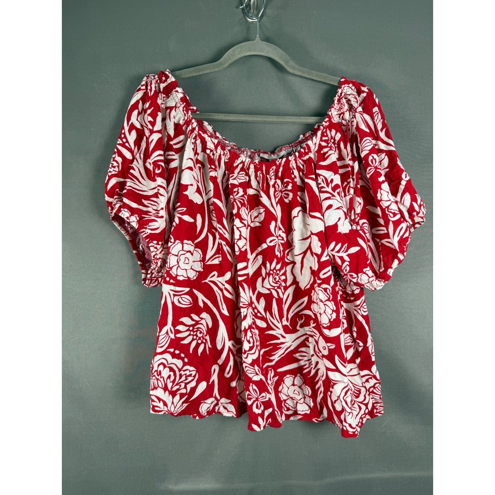 Knox Rose Blouse Women Large Red White Floral Puff Sleeve Boho Tie Shoulder Top